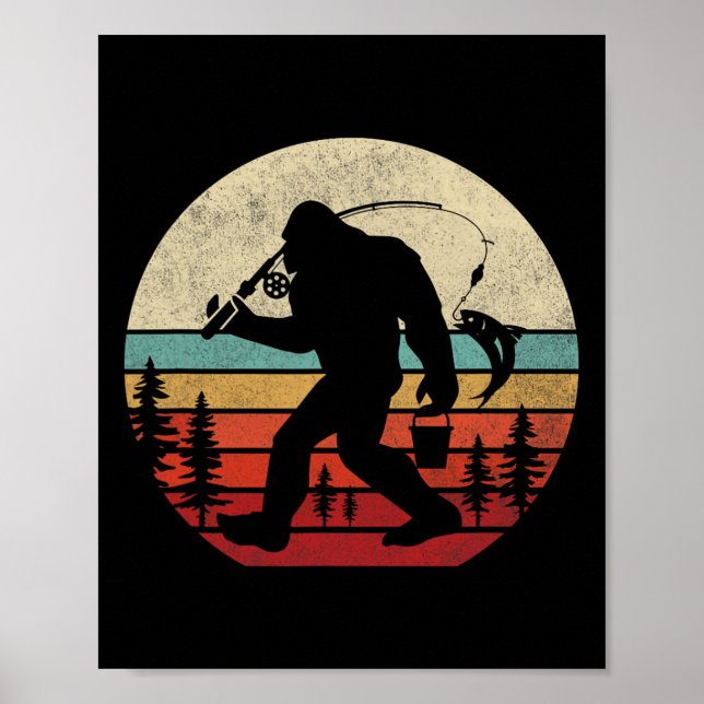 Bigfoot Fiske Rolig Retro Sasquatch Pappa Män Barn Poster (Framsidan)