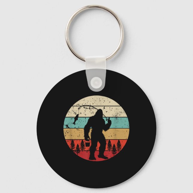 Bigfoot-fiske Rollig Fiskare Retro Sasquatch Pappa Nyckelring (Framsida)