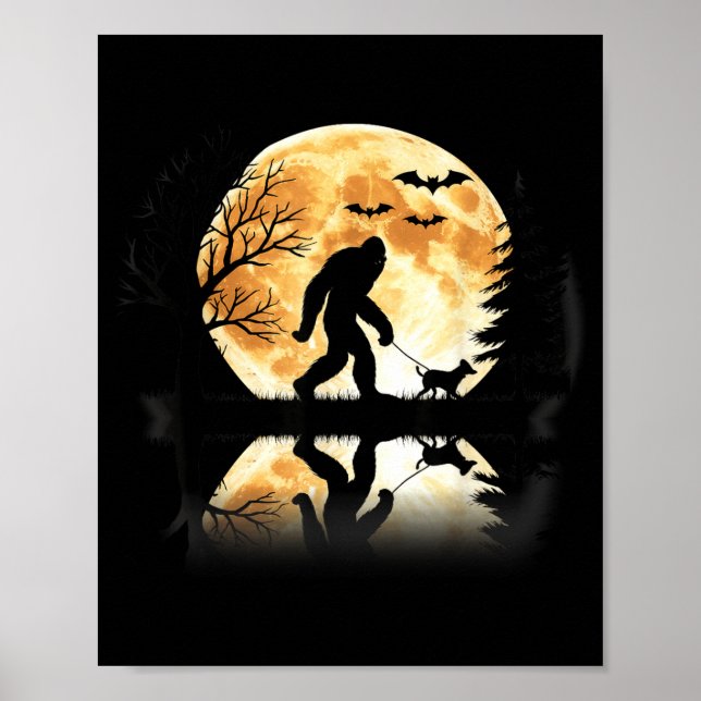 Bigfoot går med hund rolig Halloween-måne Poster (Framsidan)