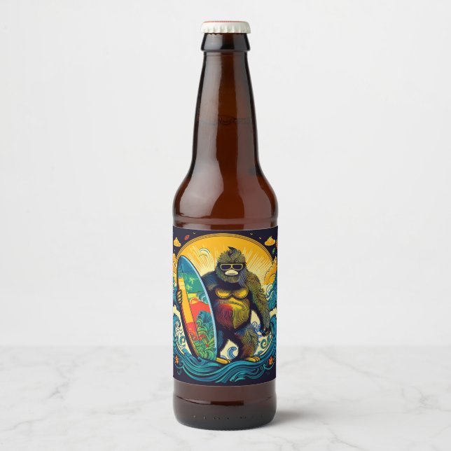 Bigfoot gillar Beer och Surfin Ölflaska Etikett (Framsida)
