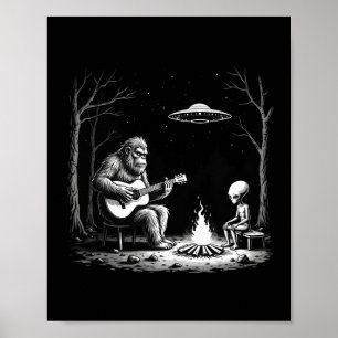 Bigfoot Gitarr T-Shirt Lägger eld Alien Ufo Campin Poster