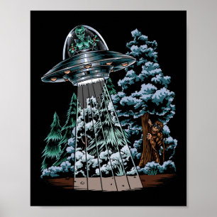 Bigfoot Gömmer från utlänning i ett Ufo bakom Träd Poster