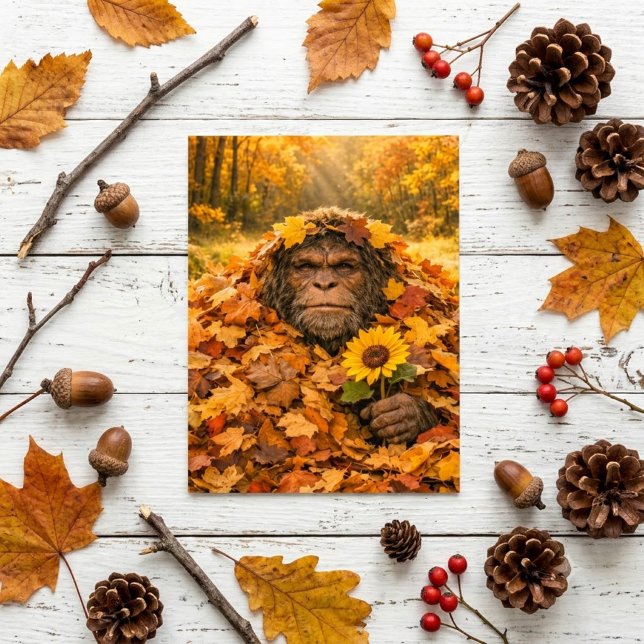 Bigfoot i höstbladen postkort för troende vykort (Skapare uppladdad)