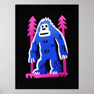 Bigfoot i skog Rosa Blå Affisch Väggkonst Tryck