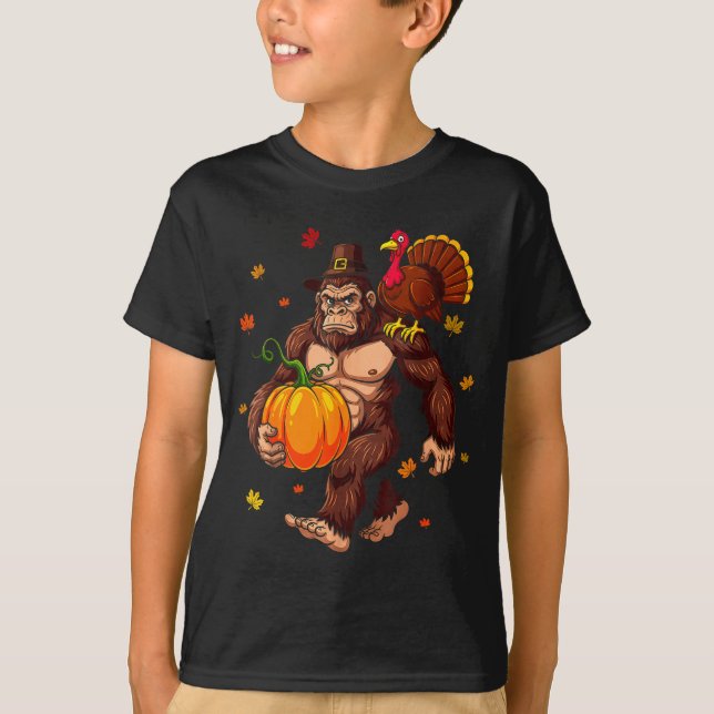 Bigfoot Lgrim Turkey Pumpkin Thanksgiving Day Boys T Shirt (Framsida)