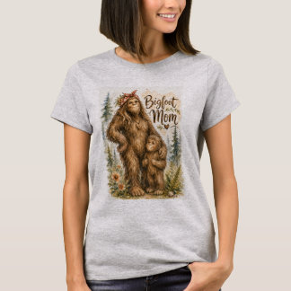 Bigfoot Mamma Vattenfärg Skog Kryptid Familj Konst T Shirt