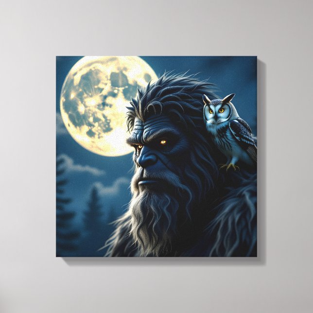 Bigfoot med Glowing Ögon och Uggla på hans skulder Canvastryck (Framsida)