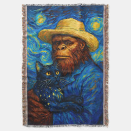 Bigfoot med katt i Van Goghs stjärnnatt-stil Filt
