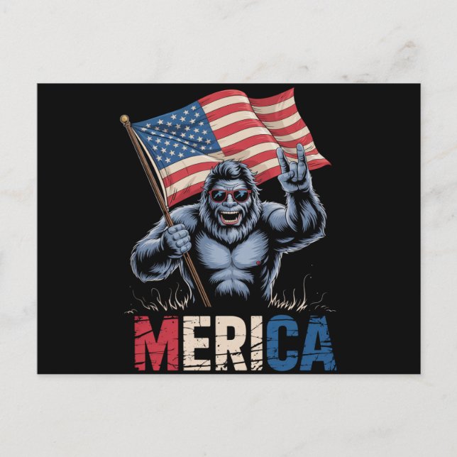 Bigfoot Merica Rock Amerikansk Flagga Patriotisk  Vykort (Framsida)