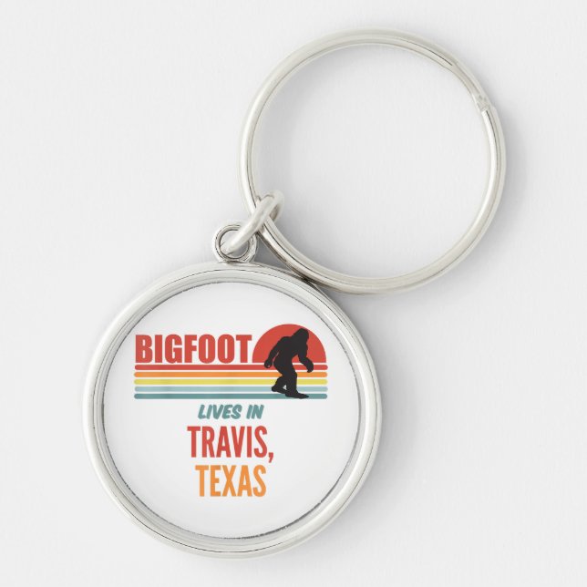Bigfoot-observation i Travis Texas  Rund Silverfärgad Nyckelring (Framsidan)