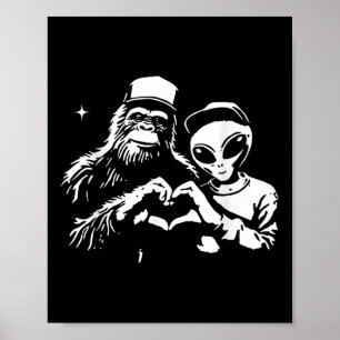 Bigfoot och Alien Heart Händer, stora Valentineser Poster
