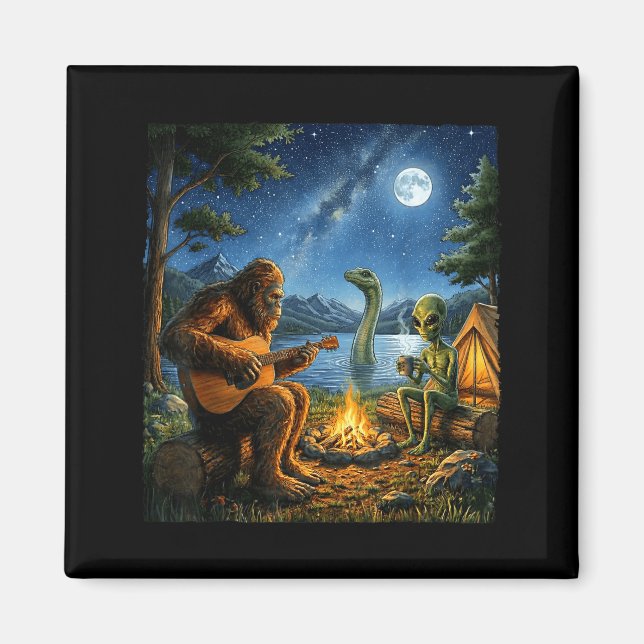 Bigfoot Och Alien Loch Ness Lägger Eld Sasquatch K Magnet (Framsidan)