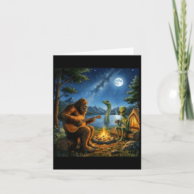 Bigfoot Och Alien Loch Ness Lägger Sasquatch Kul Kort (Framsida)