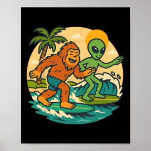 Bigfoot Och Alien Surfande Grafisk Strandkonst Sur Poster