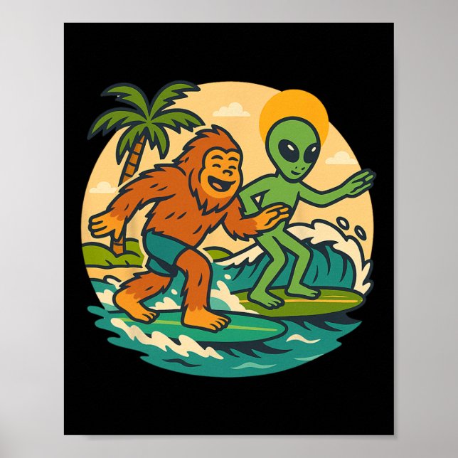 Bigfoot Och Alien Surfande Grafisk Strandkonst Sur Poster (Framsidan)