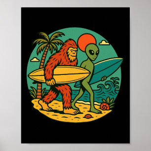 Bigfoot och utomjording surfing Vintage Beach Art  Poster