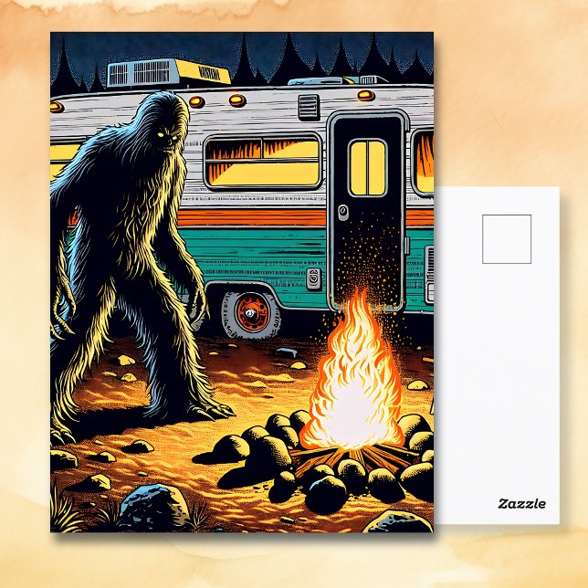 Bigfoot på Campfire och Retro Rv Vykort (Skapare uppladdad)