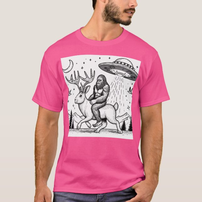 Bigfoot på en Jackalope T Shirt (Framsida)