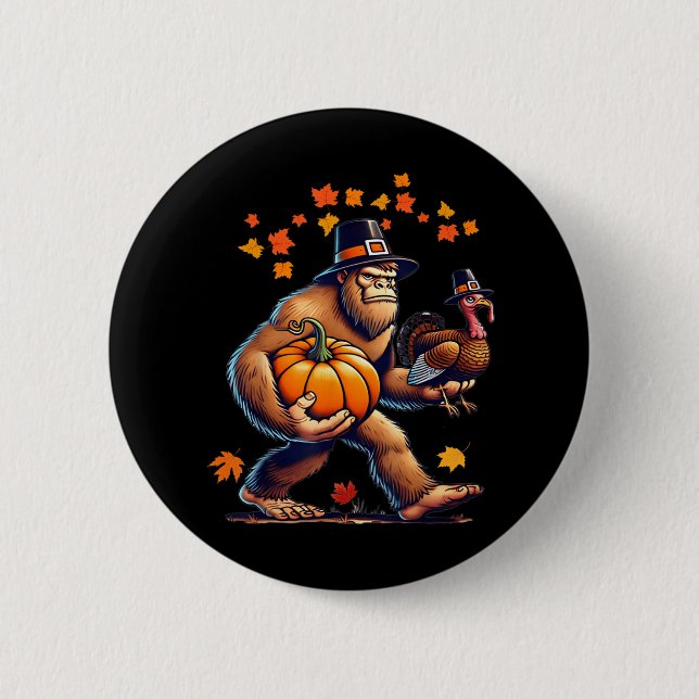 Bigfoot Pilgrim Hat Turkey Day Pumpkin Thanksgivin Knapp (Framsida)