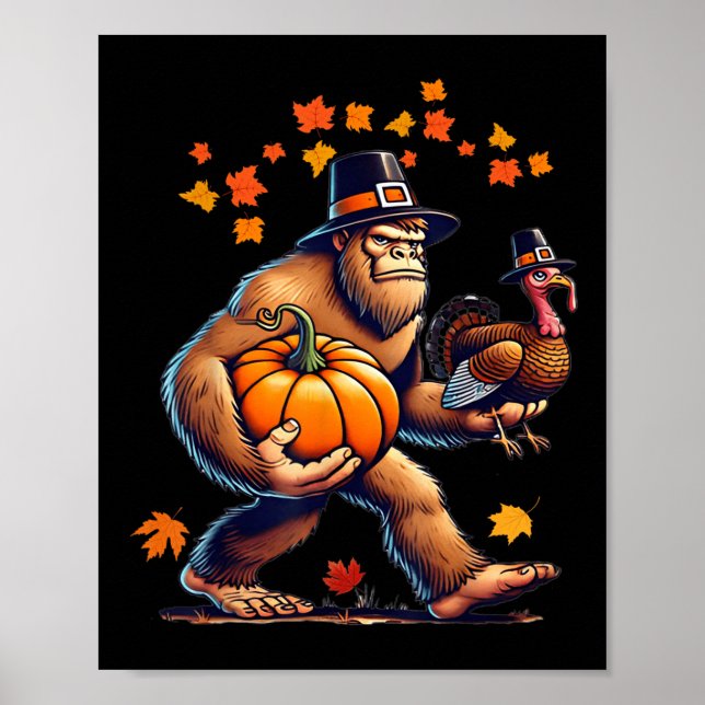 Bigfoot Pilgrim Hat Turkey Day Pumpkin Thanksgivin Poster (Framsidan)
