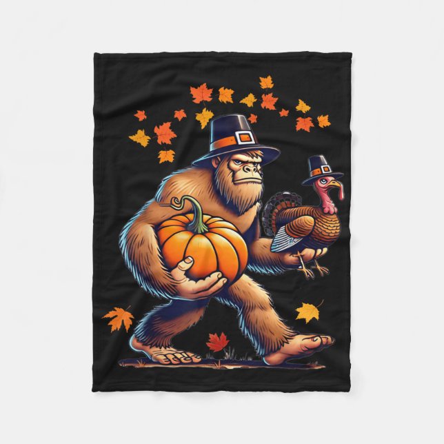 Bigfoot Pilgrim Hatt Turkey Day Pumpkin Thanksgivi Fleecefilt (Framsidan)