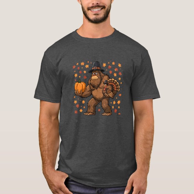 Bigfoot Pilgrim Thanksgiving Turkey Pumpkin T Shirt (Framsida)