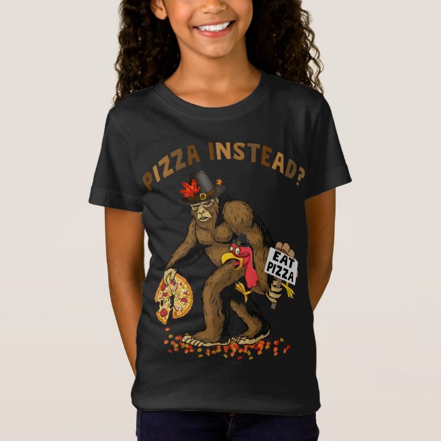 Bigfoot Pilgrim Turkey Pumpkin Eat Pizza Thanksgiv T Shirt (Framsida)
