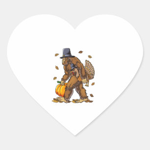 Bigfoot Pilgrim Turkey Pumpkin Thanksgiving Day Bo Hjärtformat Klistermärke