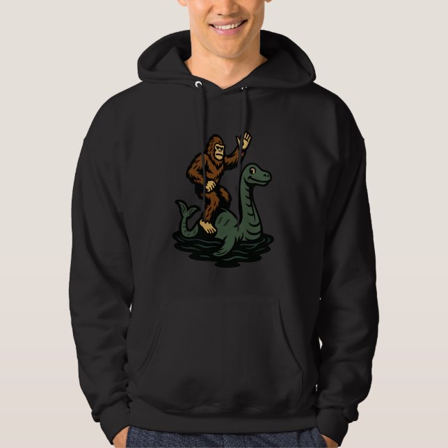 Bigfoot Riding Loch Ness Monster Funny Sasquatch Hoodie (Framsida)