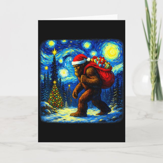 Bigfoot Santa Christmas Starry Night Sasquatch Van Kort (Framsida)
