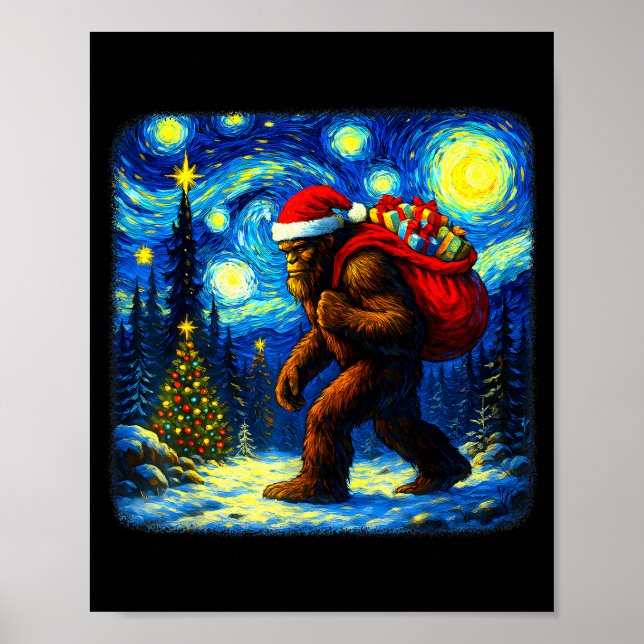 Bigfoot Santa Christmas Starry Night Sasquatch Van Poster (Framsidan)