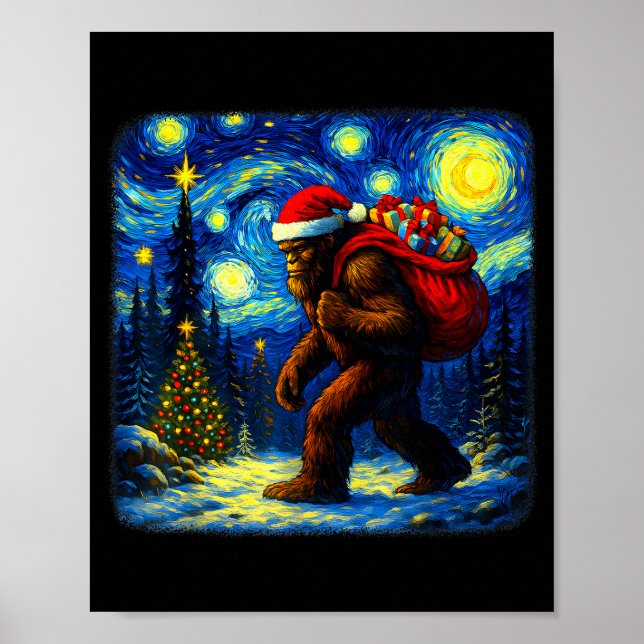 Bigfoot Santa Christmas Starry Night Sasquatch Van Poster (Framsidan)