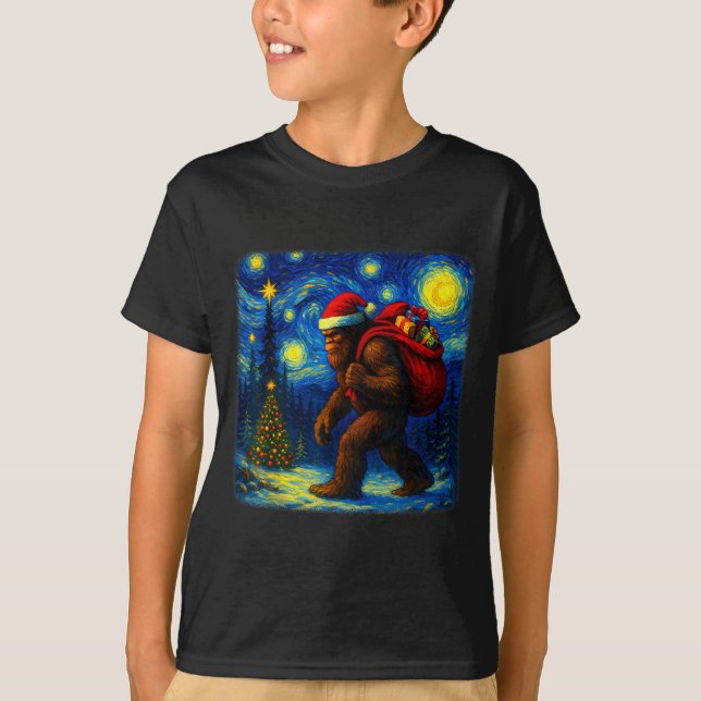 Bigfoot Santa Christmas Starry Night Sasquatch Van T Shirt (Framsida)