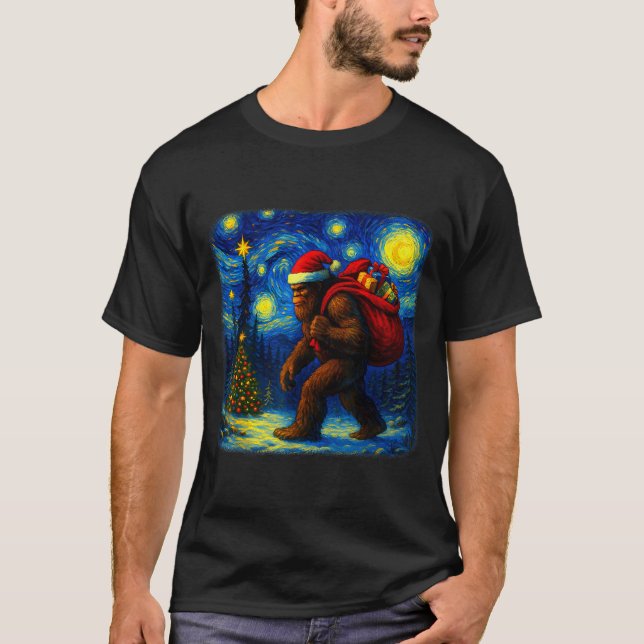 Bigfoot Santa Christmas Starry Night Sasquatch Van T Shirt (Framsida)