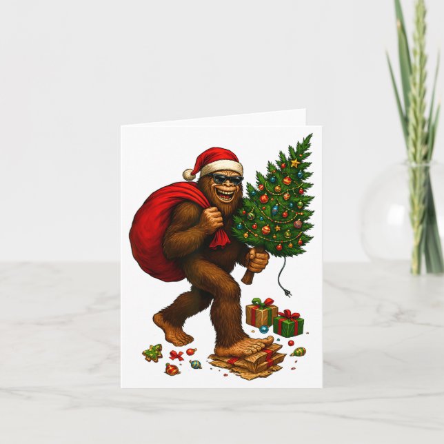 Bigfoot Santa Christmas Tree Lights Xmas Boys Men  Kort (Framsida)