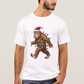 Bigfoot Santa Christmas Tree Lights Xmas Boys Men  T Shirt