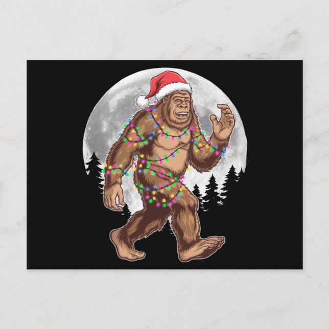 Bigfoot Santa Julgran Ljus Julafton Sasquatch Vykort (Framsida)