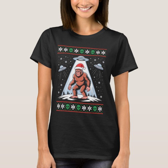 Bigfoot Santa Ufo Alien Funny Ugly Christmas Sweat T Shirt (Framsida)