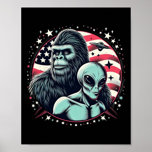 Bigfoot Sasquatch Alien Amp Bigfoot USA flagga Fat Poster (Framsidan)
