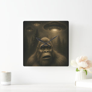 Bigfoot Sasquatch Alien UFO Funny Fyrkantig Klocka