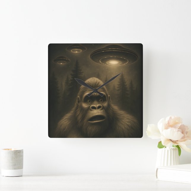Bigfoot Sasquatch Alien UFO Funny Fyrkantig Klocka (Hem)