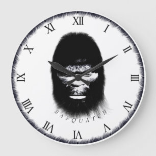 BIGFOOT SASQUATCH HEAD PORTRÄTT SVART OCH VITT STOR KLOCKA