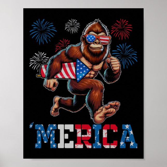Bigfoot Sasquatch Merica Fyrverkerier 4:e Juli Pat Poster (Framsidan)