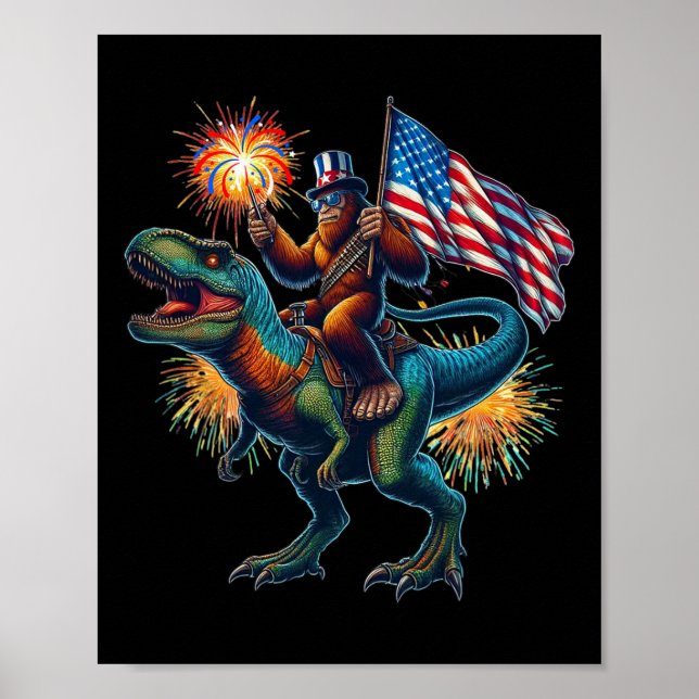 Bigfoot Sasquatch Riding Dinosaur T Rex. Funny 4:e Poster (Framsidan)