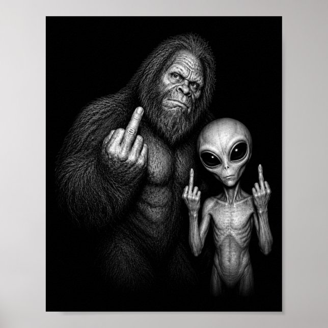 Bigfoot Sasquatch Rymd Alien Lillfinger  Poster (Framsidan)