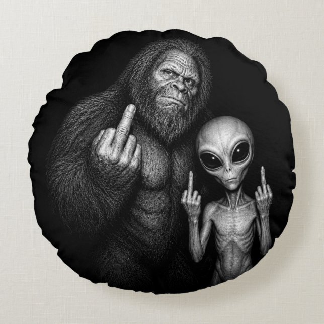 Bigfoot Sasquatch Rymd Utomjording Mellanfinger Rund Kudde (Framsidan)