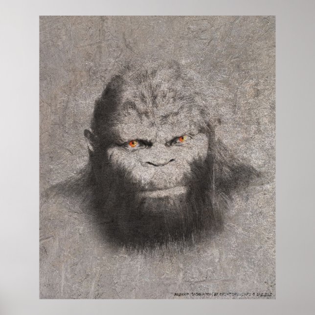 BIGFOOT SASQUATCH TECKNING PORTRÄTT ORANGE ÖGON POSTER (Framsidan)