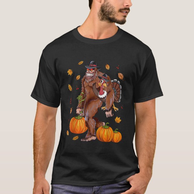 Bigfoot Sasquatch Turkey Pumpkin Lycklig Thanksgiv T Shirt (Framsida)
