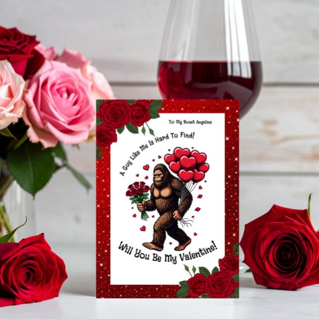 Bigfoot Sasquatch Valentine Romantic Red Glitter  Julkort (Skapare uppladdad)