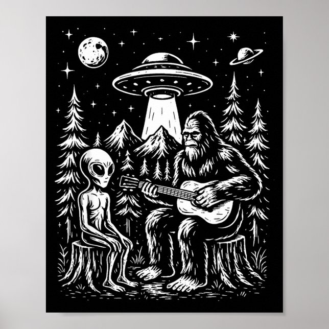 Bigfoot spelar gitarr med utomjording och ufo poster (Framsidan)